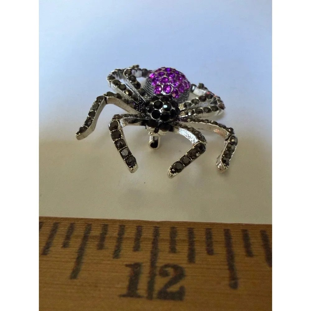 Purple and Black Rhinestone Spider Brooch Silver Tone Gothic Halloween Pin
